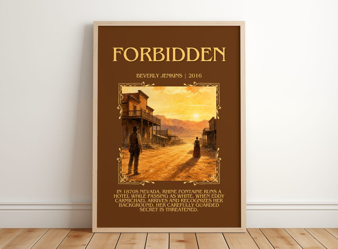 Forbidden Minimalist Book Poster by Beverly Jenkins – framed print leaning on a wooden floor