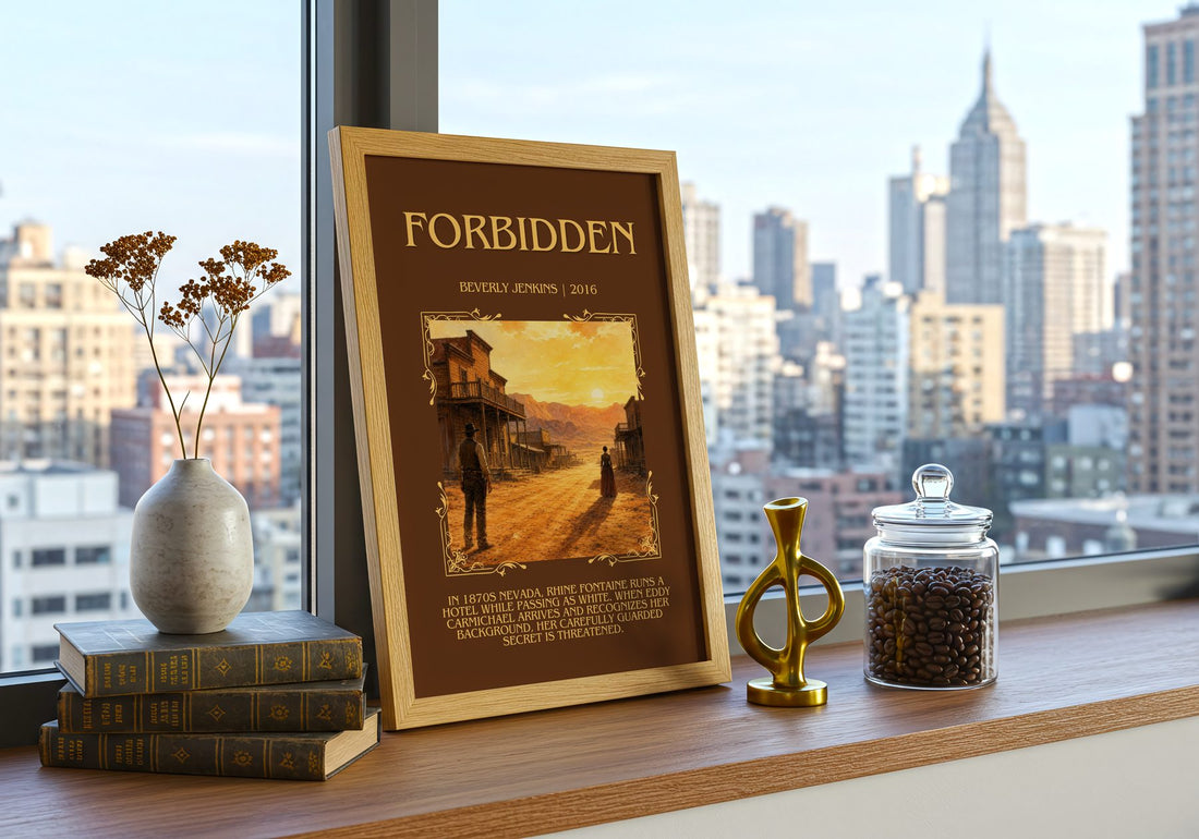 Forbidden Minimalist Book Poster by Beverly Jenkins – framed print on a city-view windowsill