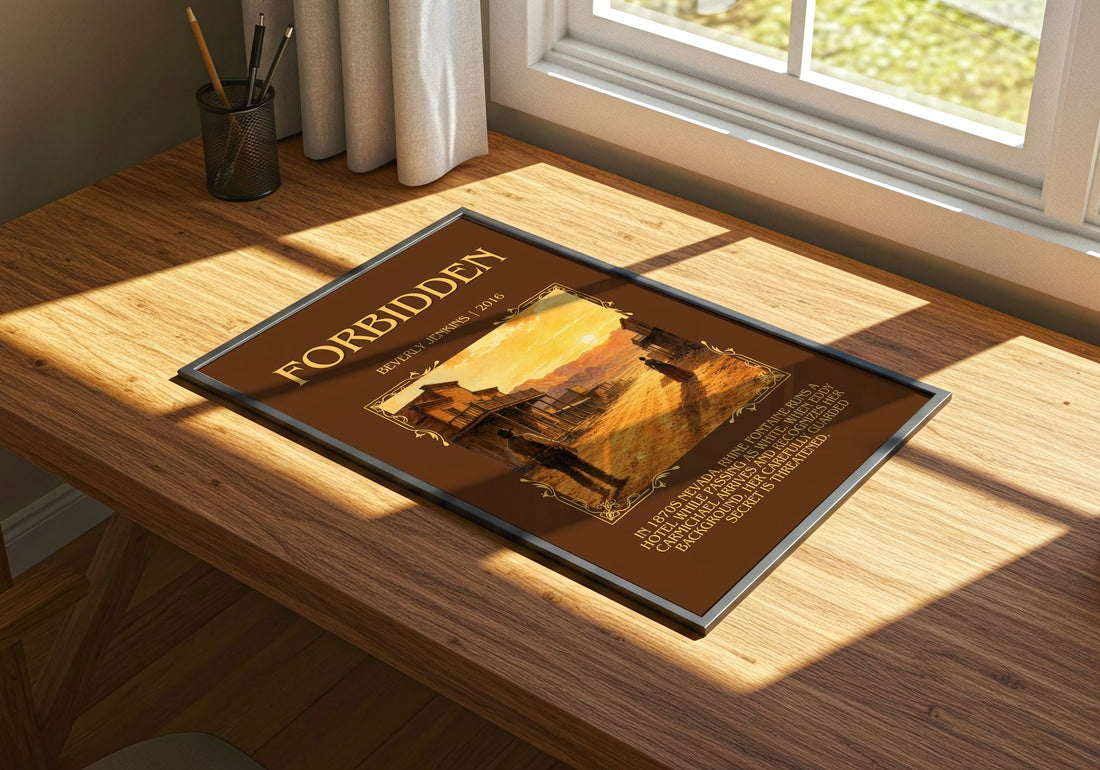 Forbidden Minimalist Book Poster by Beverly Jenkins – print on a sunlit desk