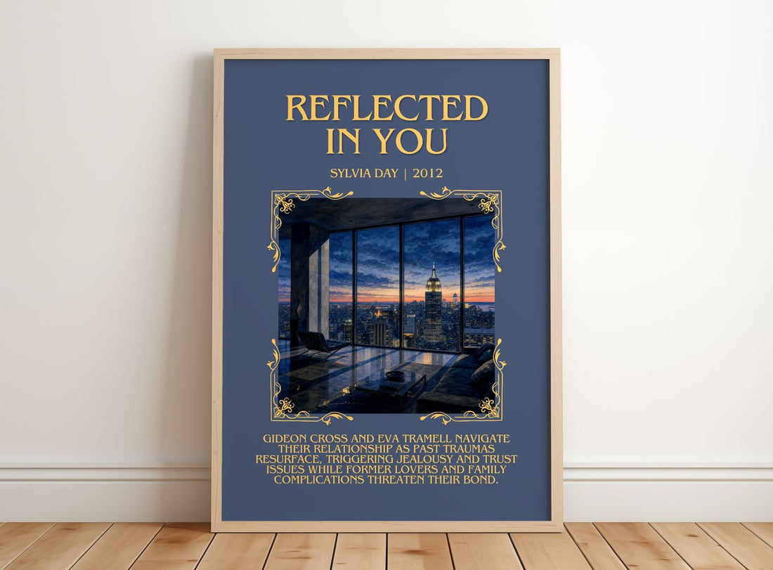 Reflected in You Minimalist Book Poster by Sylvia Day – framed print leaning on a wooden floor