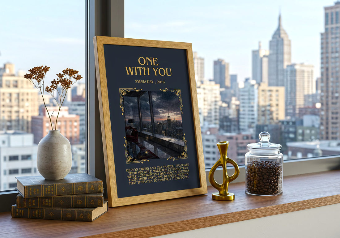 One with You Minimalist Book Poster by Sylvia Day – framed print on a city-view windowsill