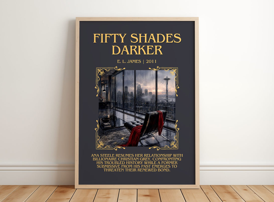 Fifty Shades Darker Minimalist Book Poster by E. L. James – framed print leaning on a wooden floor
