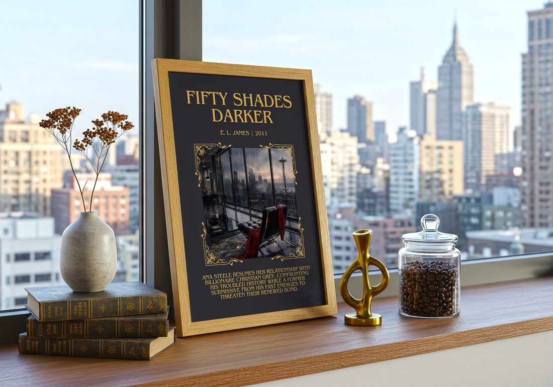 Fifty Shades Darker Minimalist Book Poster by E. L. James – framed print on a city-view windowsill