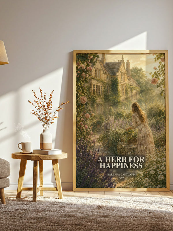 A Herb For Happiness watercolour print in frame leaning in hallway – romance wall art