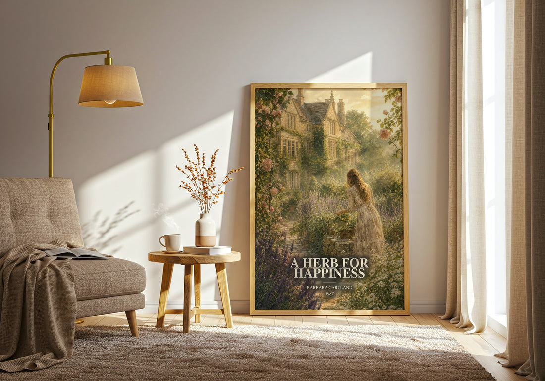 A Herb For Happiness watercolour print in frame leaning in hallway – romance wall art (mockup)