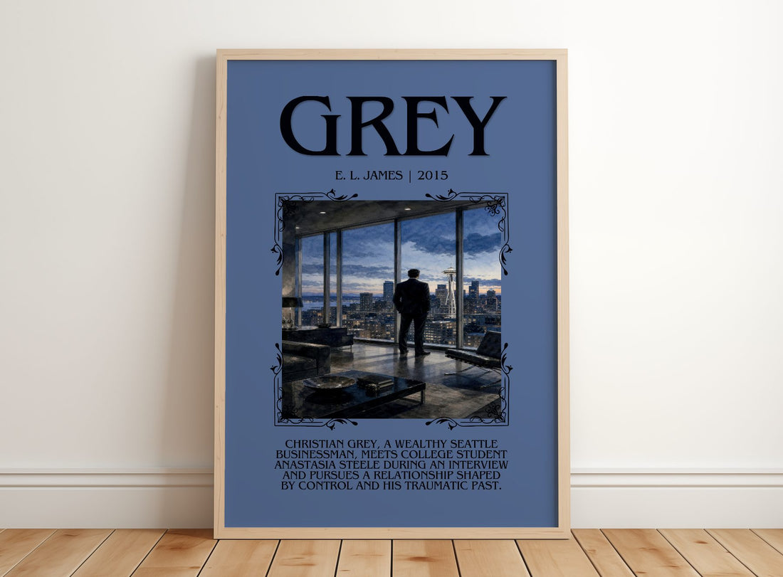Grey Minimalist Book Poster by E. L. James – framed print leaning on a wooden floor