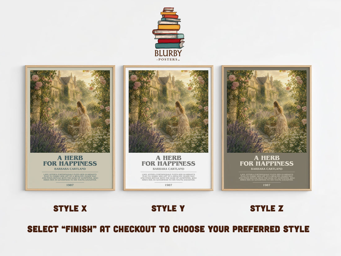 A Herb For Happiness bookish print in frame leaning in hallway – romance wall art (mockup)