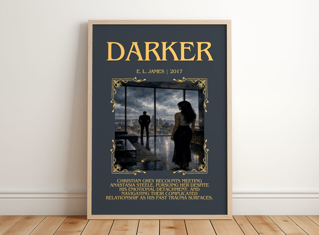 Darker Minimalist Book Poster by E. L. James – framed print leaning on a wooden floor
