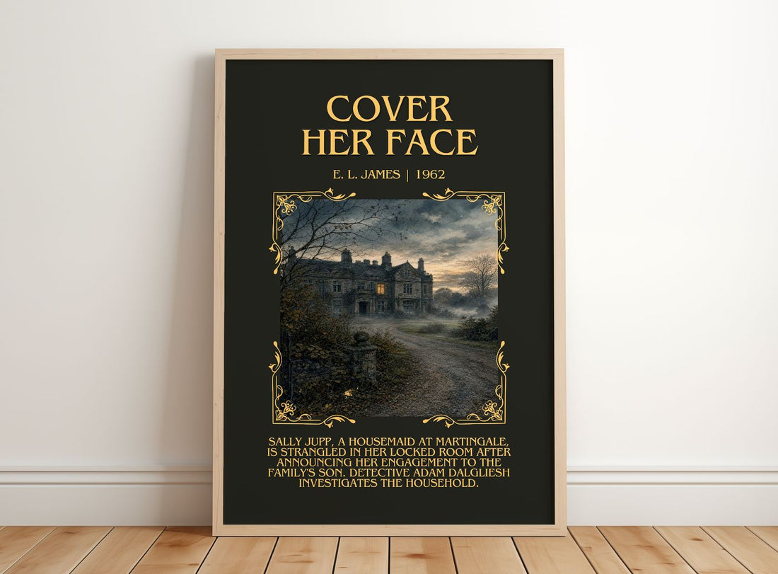 Cover Her Face Minimalist Book Poster by E. L. James – framed print leaning on a wooden floor