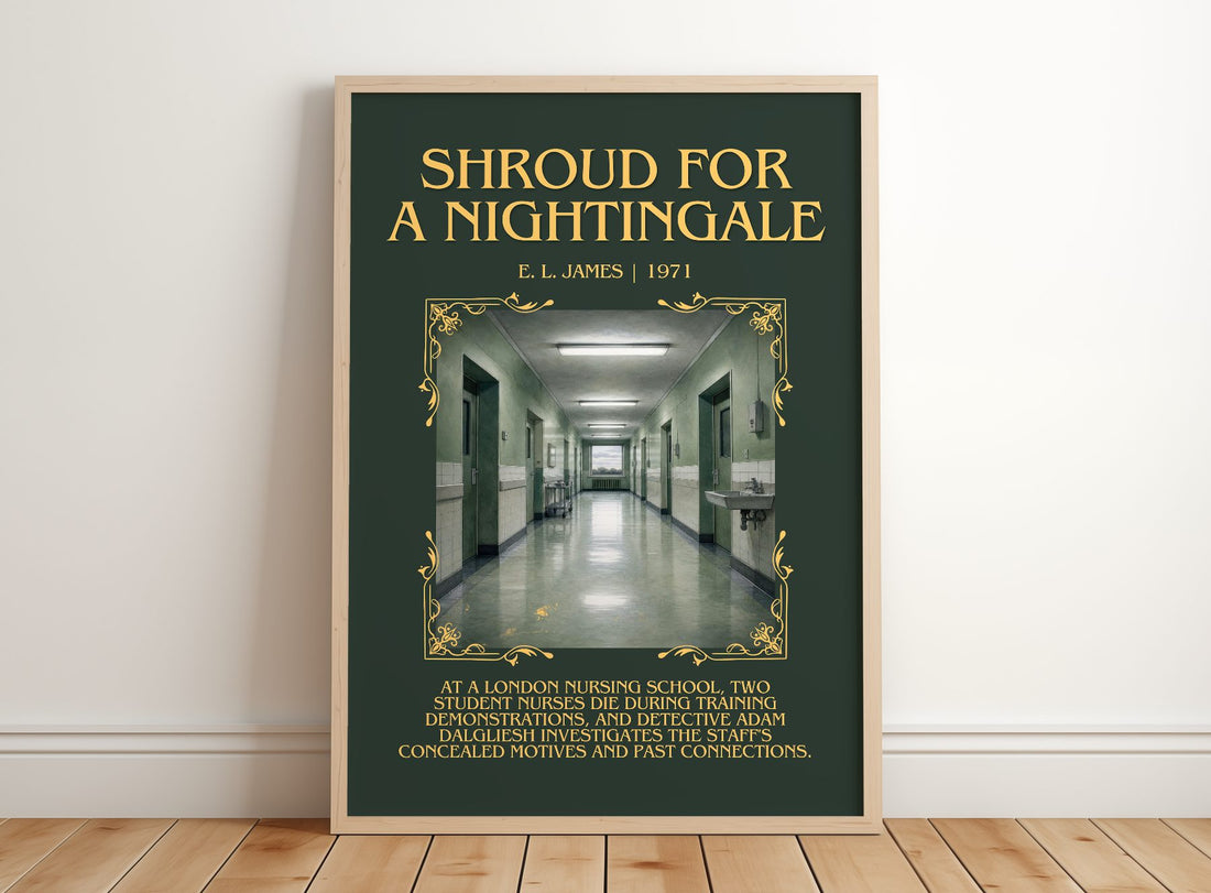 Shroud for a Nightingale Minimalist Book Poster by E. L. James – framed print leaning on a wooden floor