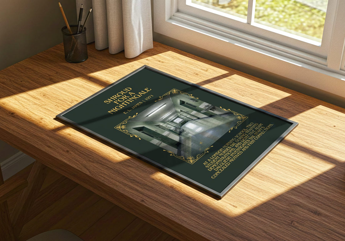 Shroud for a Nightingale Minimalist Book Poster by E. L. James – print on a sunlit desk
