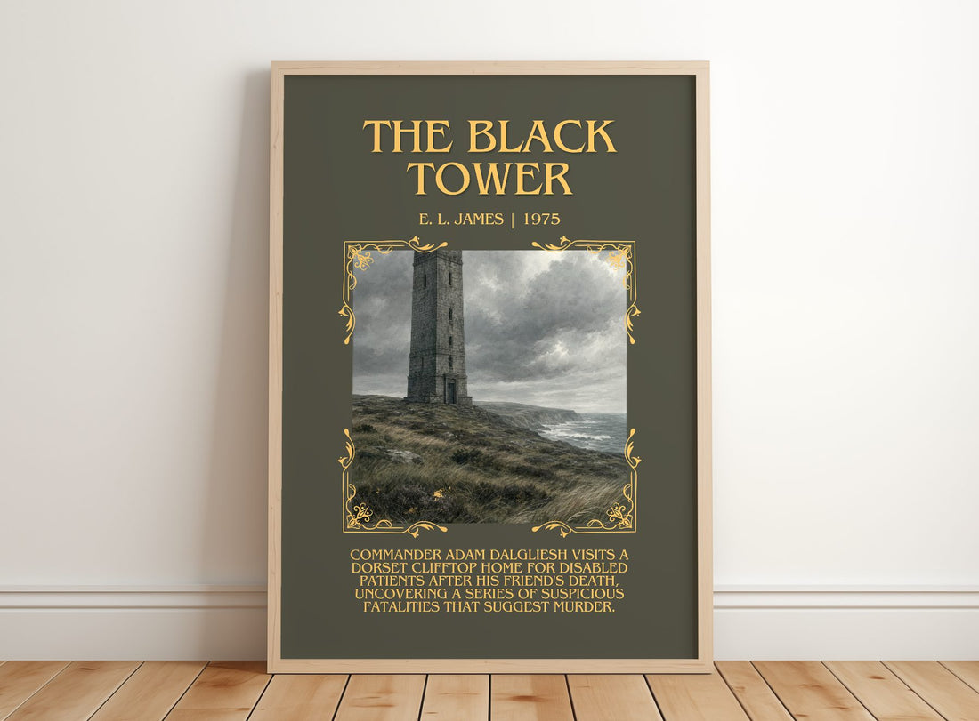 The Black Tower Minimalist Book Poster by E. L. James – framed print leaning on a wooden floor