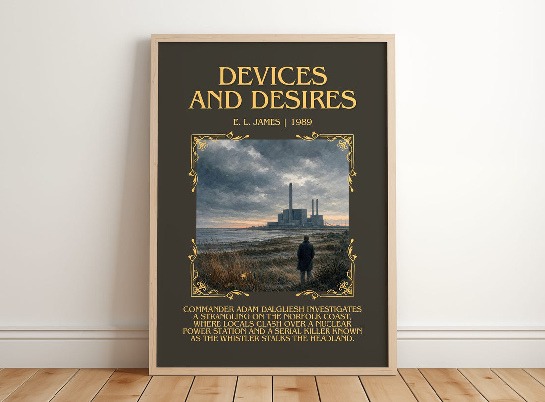 Devices and Desires Minimalist Book Poster by E. L. James – framed print leaning on a wooden floor