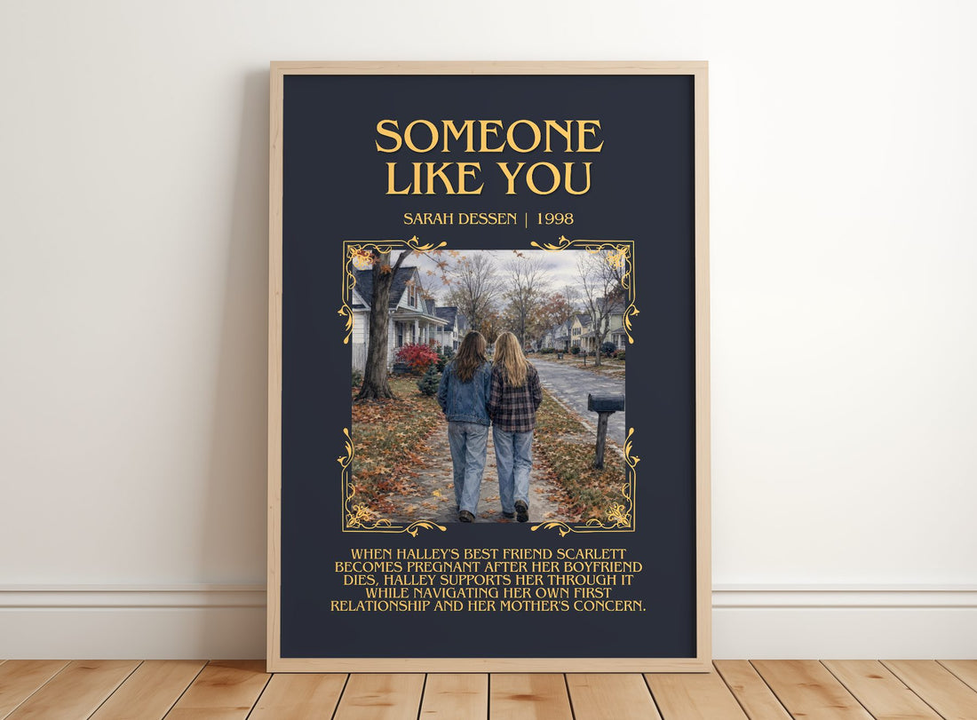 Someone Like You Minimalist Book Poster by Sarah Dessen – framed print leaning on a wooden floor