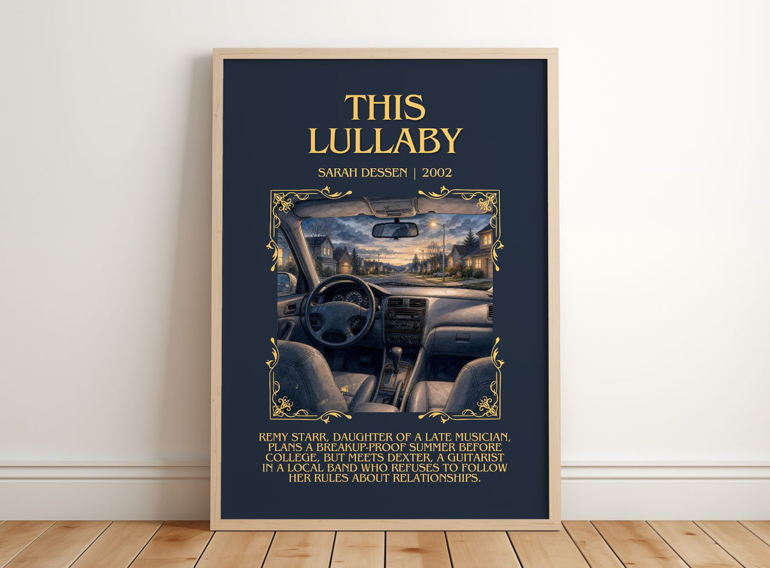 This Lullaby Minimalist Book Poster by Sarah Dessen – framed print leaning on a wooden floor