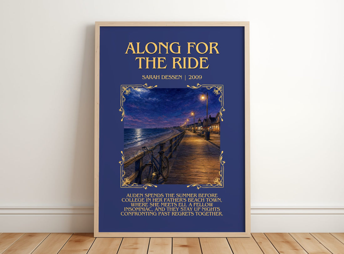 Along for the Ride Minimalist Book Poster by Sarah Dessen – framed print leaning on a wooden floor