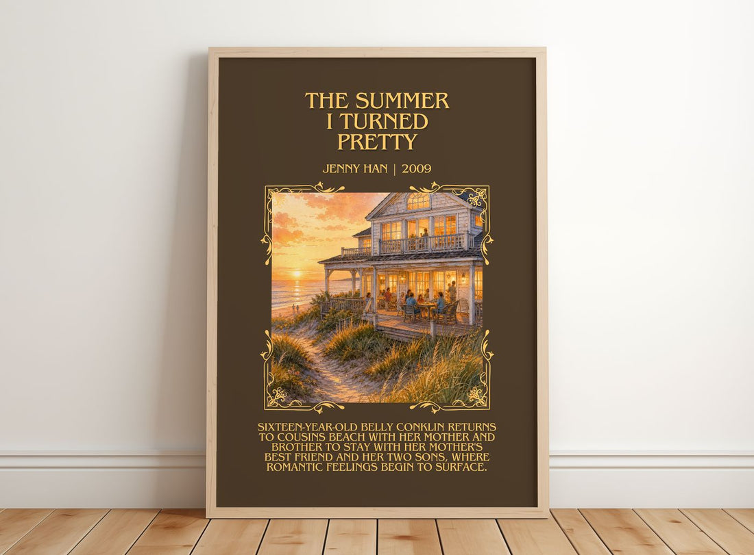 The Summer I Turned Pretty Minimalist Book Poster by Jenny Han – framed print leaning on a wooden floor