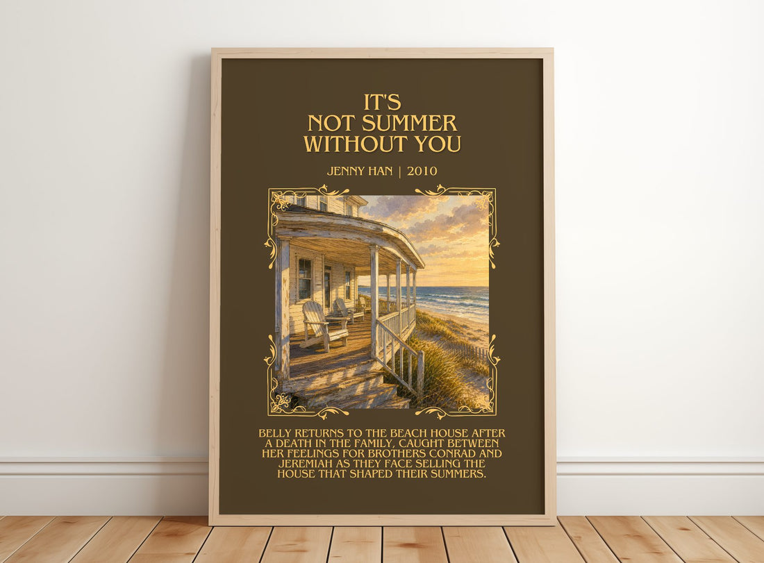 It's Not Summer Without You Minimalist Book Poster by Jenny Han – framed print leaning on a wooden floor