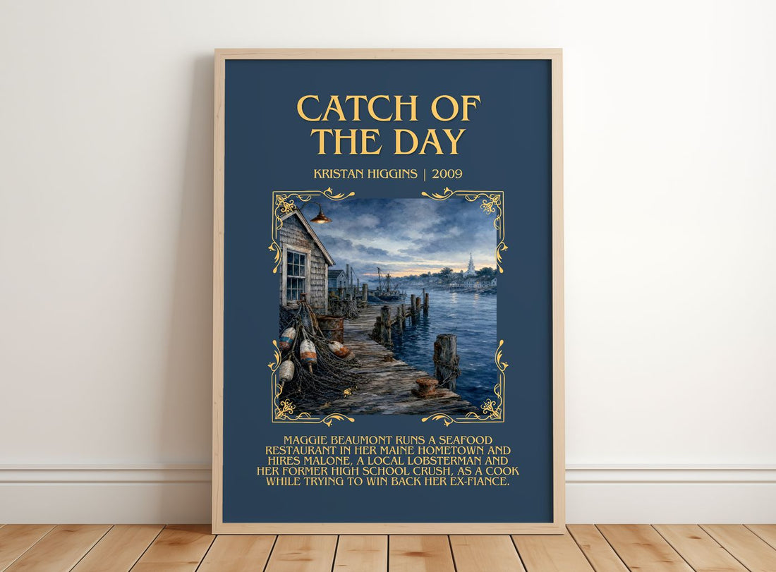 Catch of the Day Minimalist Book Poster by Kristan Higgins – framed print leaning on a wooden floor