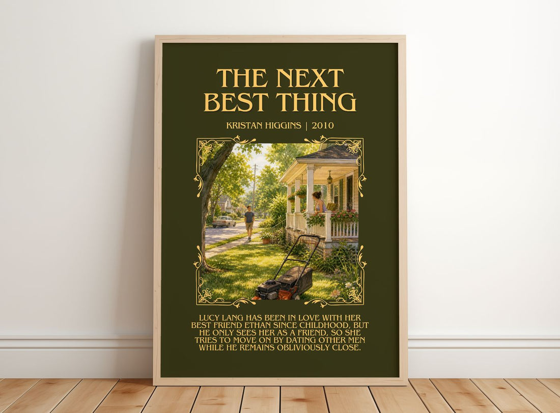 The Next Best Thing Minimalist Book Poster by Kristan Higgins – framed print leaning on a wooden floor