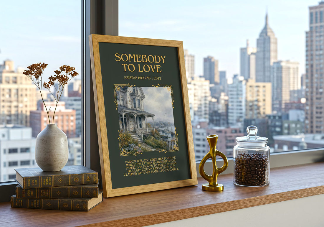 Somebody to Love Minimalist Book Poster by Kristan Higgins – framed print on a city-view windowsill