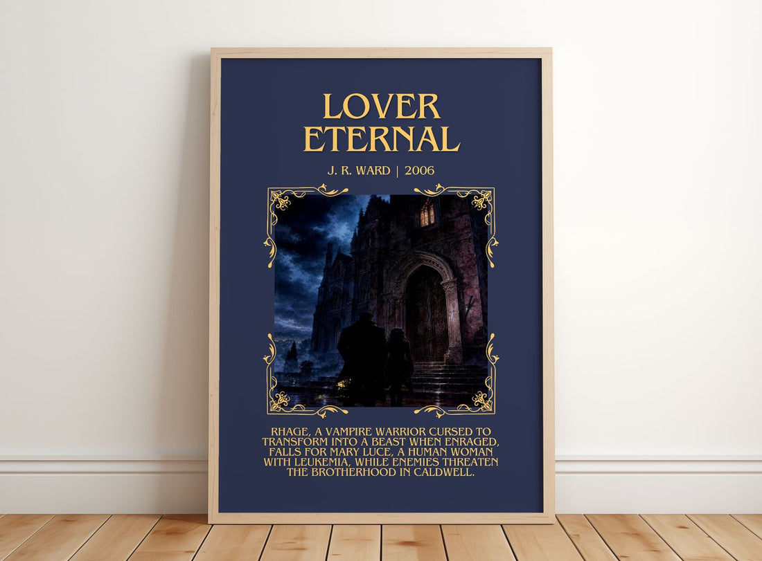 Lover Eternal Minimalist Book Poster by J. R. Ward – framed print leaning on a wooden floor