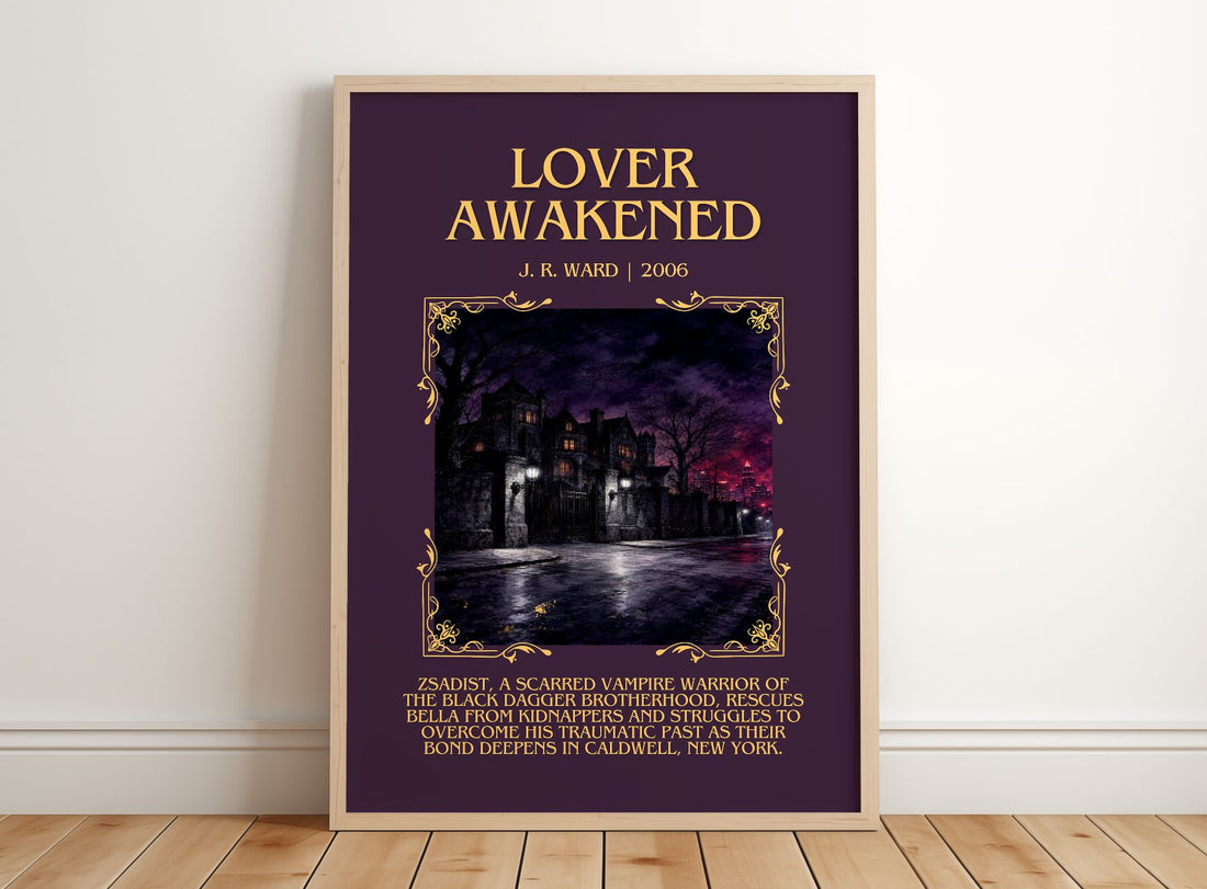Lover Awakened Minimalist Book Poster by J. R. Ward – framed print leaning on a wooden floor