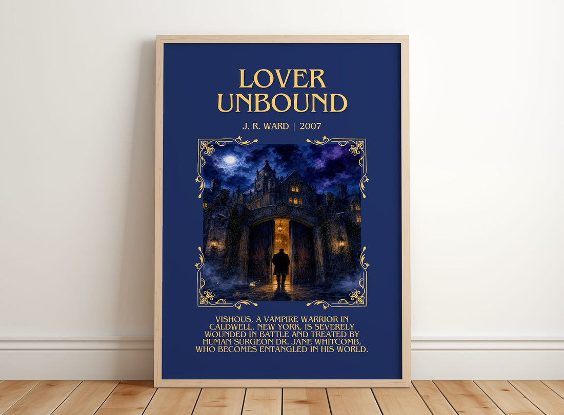 Lover Unbound Minimalist Book Poster by J. R. Ward – framed print leaning on a wooden floor