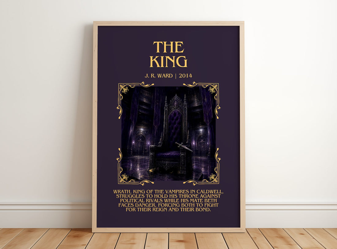 The King Minimalist Book Poster by J. R. Ward – framed print leaning on a wooden floor
