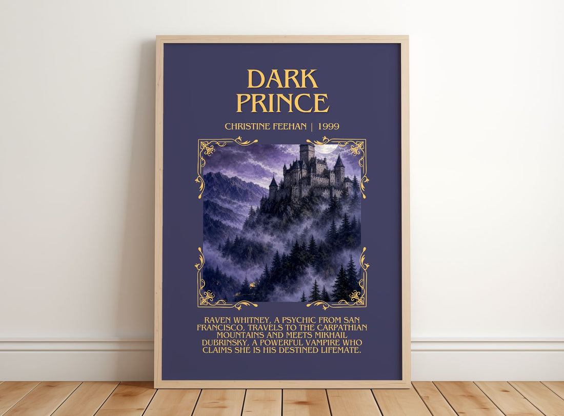 Dark Prince Minimalist Book Poster by Christine Feehan – framed print leaning on a wooden floor