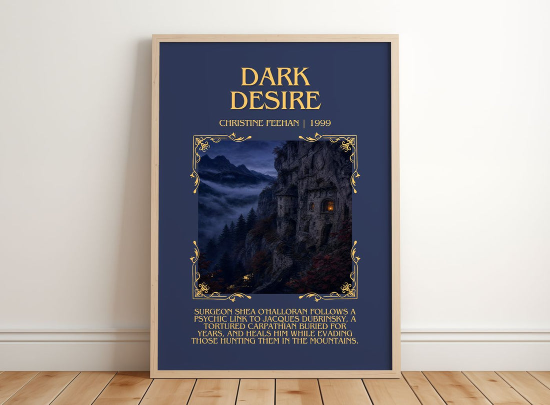 Dark Desire Minimalist Book Poster by Christine Feehan – framed print leaning on a wooden floor