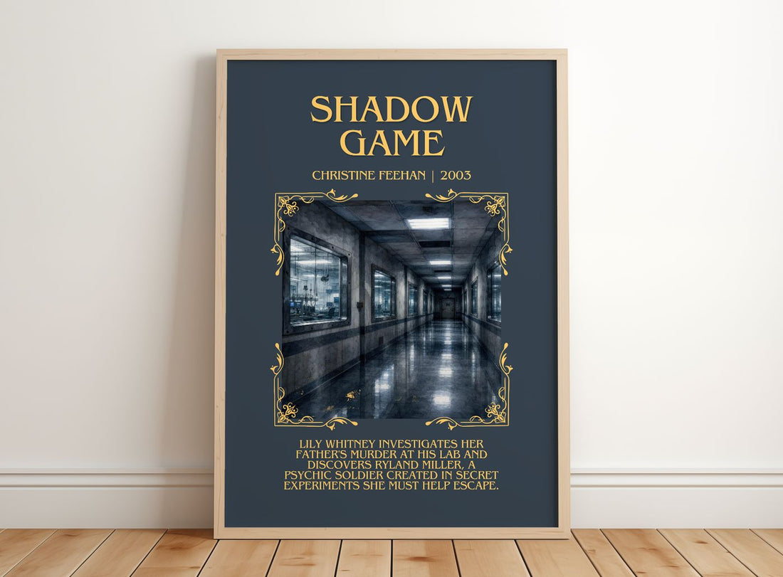 Shadow Game Minimalist Book Poster by Christine Feehan – framed print leaning on a wooden floor