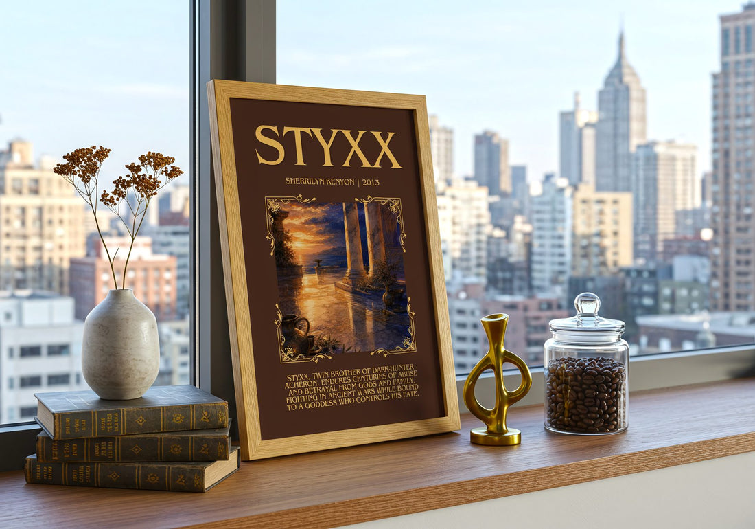 Styxx Minimalist Book Poster by Sherrilyn Kenyon – framed print on a city-view windowsill