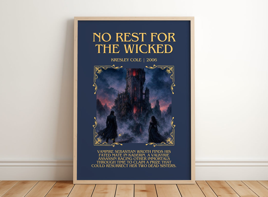 No Rest for the Wicked Minimalist Book Poster by Kresley Cole – framed print leaning on a wooden floor