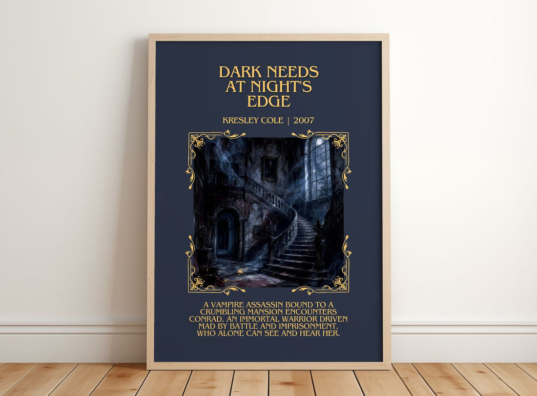 Dark Needs at Night's Edge Minimalist Book Poster by Kresley Cole – framed print leaning on a wooden floor