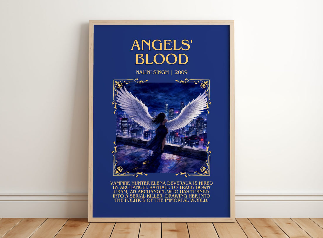 Angels' Blood Minimalist Book Poster by Nalini Singh – framed print leaning on a wooden floor