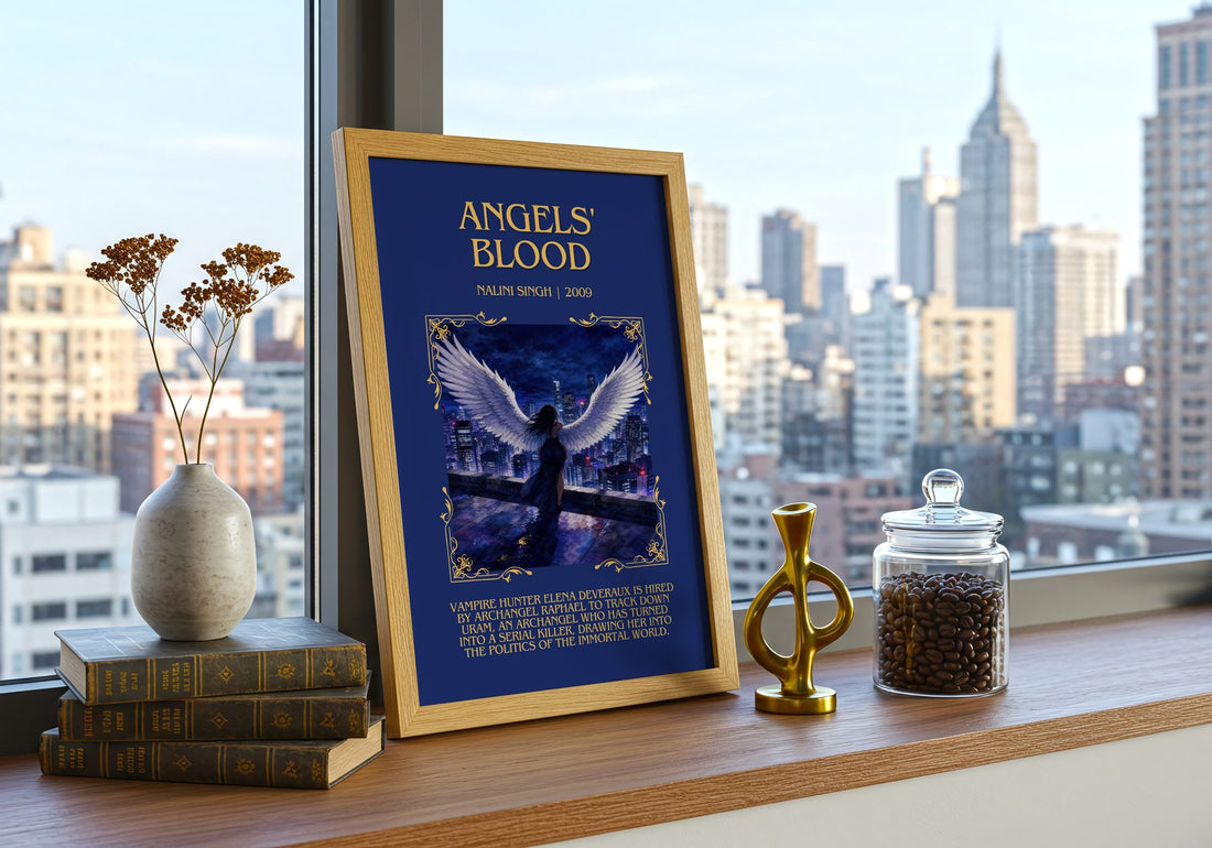 Angels' Blood Minimalist Book Poster by Nalini Singh – framed print on a city-view windowsill