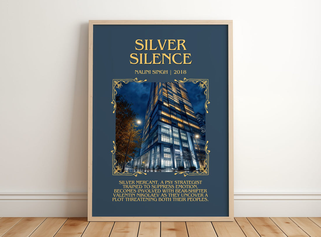 Silver Silence Minimalist Book Poster by Nalini Singh – framed print leaning on a wooden floor