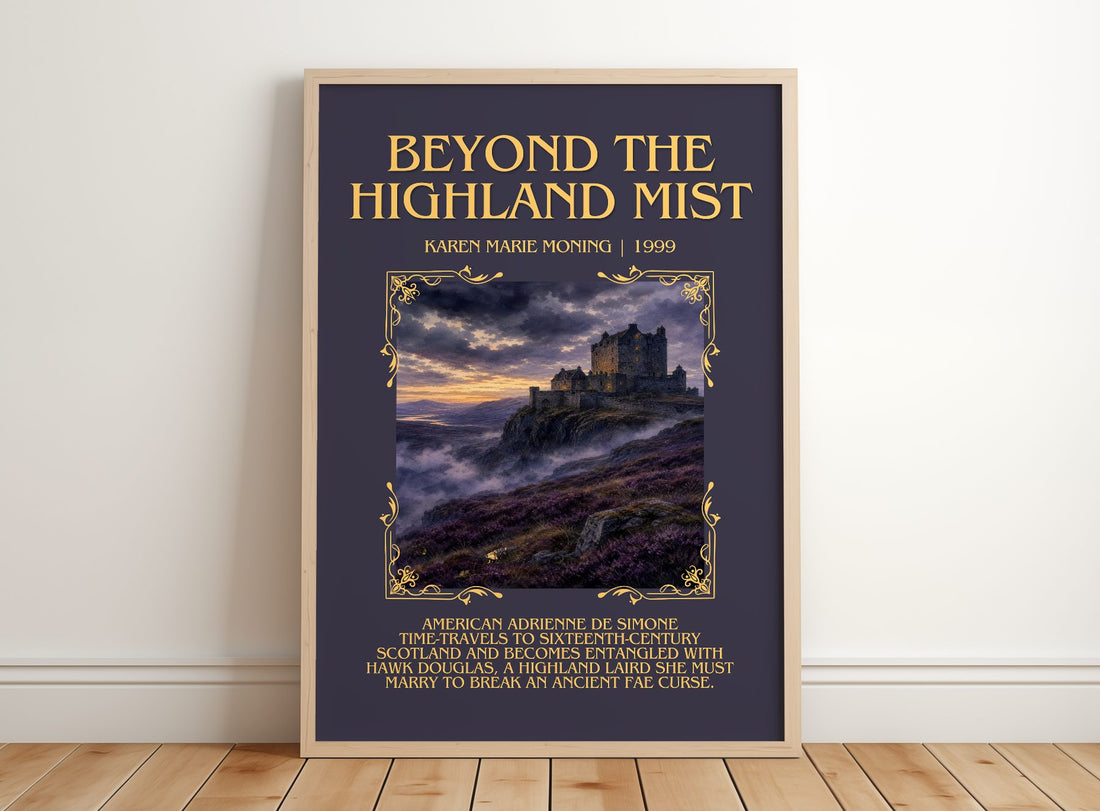 Beyond the Highland Mist Minimalist Book Poster by Karen Marie Moning – framed print leaning on a wooden floor