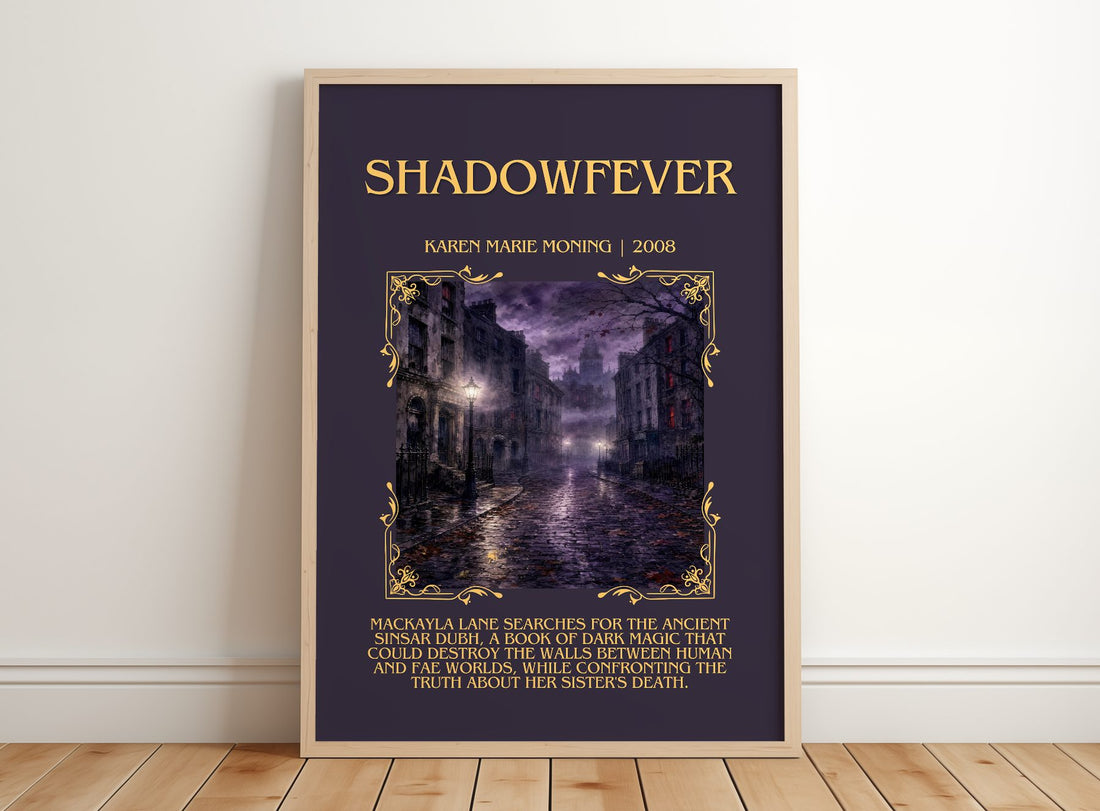 Shadowfever Minimalist Book Poster by Karen Marie Moning – framed print leaning on a wooden floor