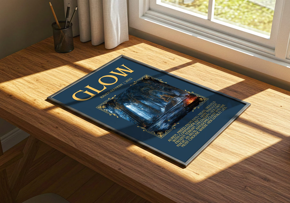 Glow Minimalist Book Poster by Raven Kennedy – print on a sunlit desk