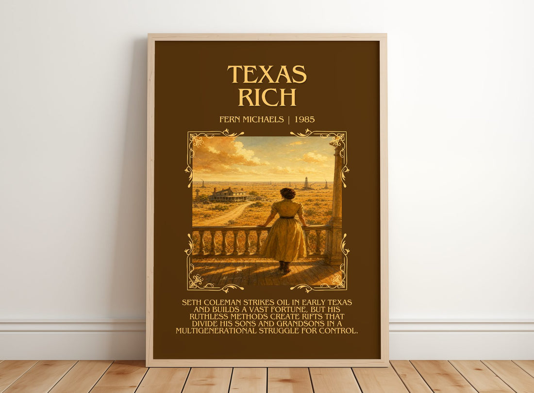 Texas Rich Minimalist Book Poster by Fern Michaels – framed print leaning on a wooden floor