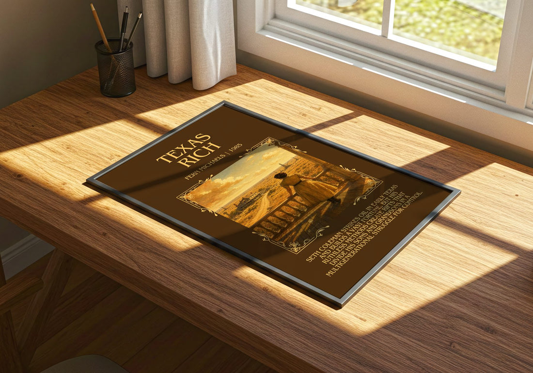 Texas Rich Minimalist Book Poster by Fern Michaels – print on a sunlit desk