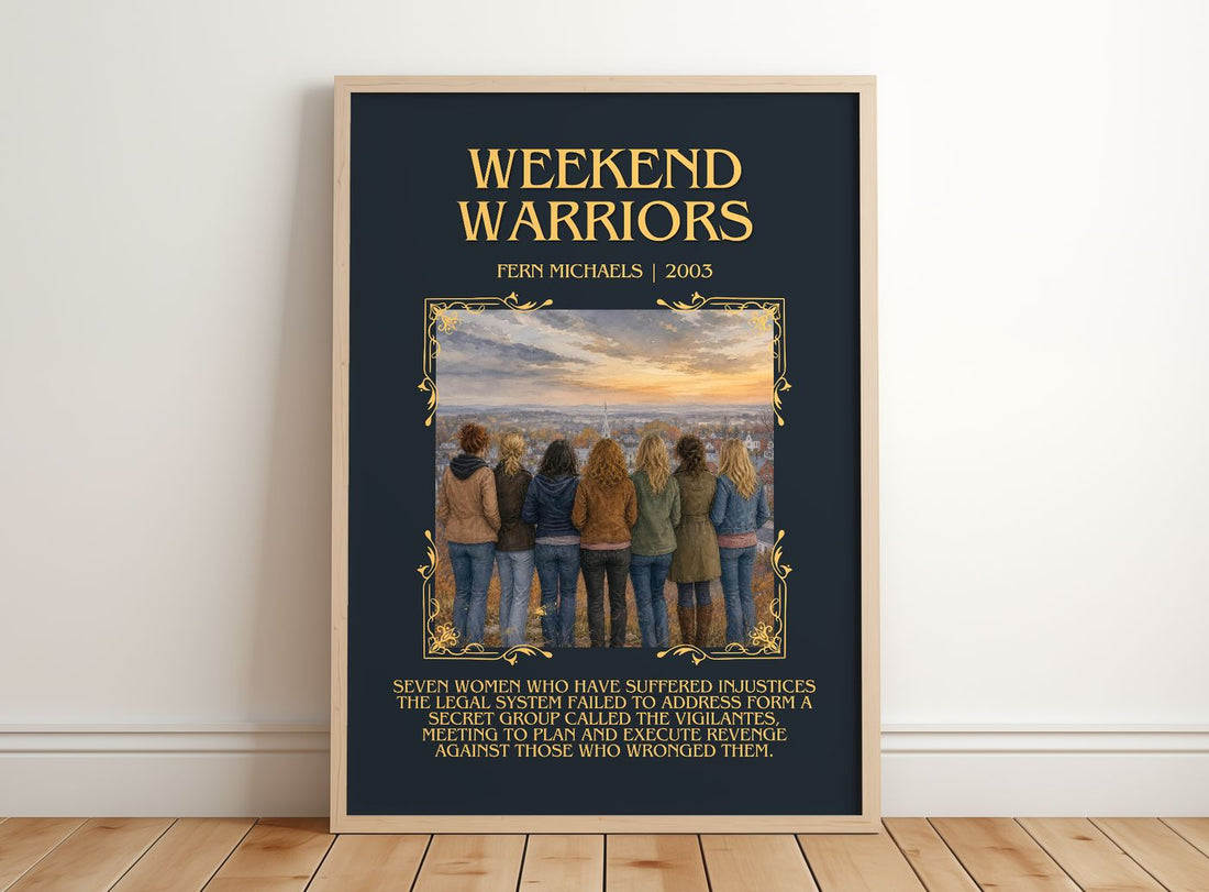 Weekend Warriors Minimalist Book Poster by Fern Michaels – framed print leaning on a wooden floor