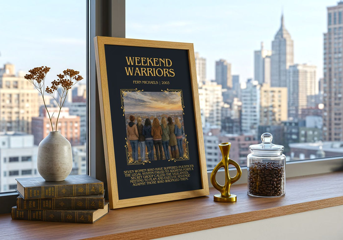 Weekend Warriors Minimalist Book Poster by Fern Michaels – framed print on a city-view windowsill