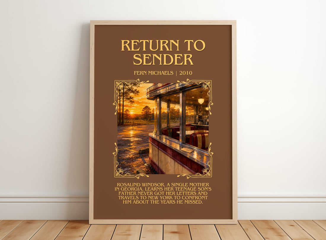 Return to Sender Minimalist Book Poster by Fern Michaels – framed print leaning on a wooden floor