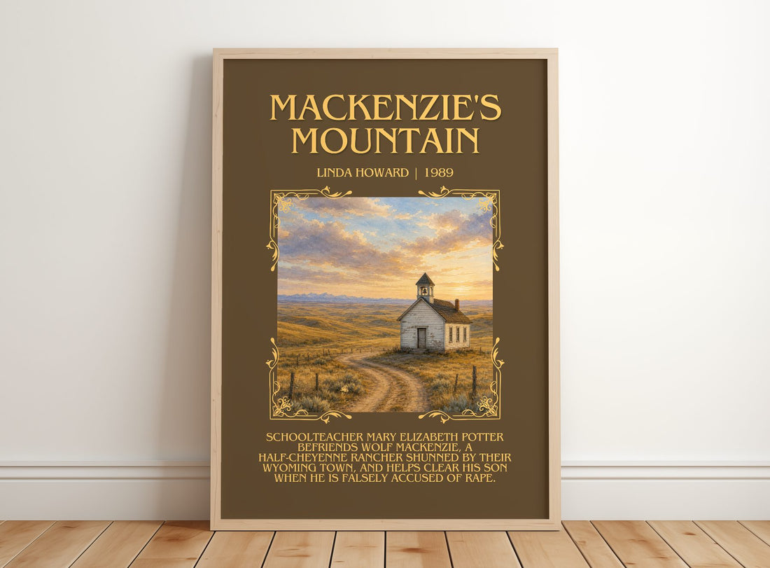 Mackenzie's Mountain Minimalist Book Poster by Linda Howard – framed print leaning on a wooden floor