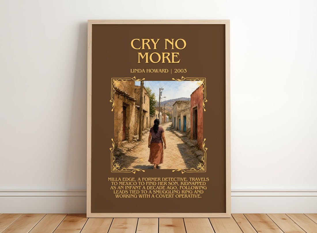 Cry No More Minimalist Book Poster by Linda Howard – framed print leaning on a wooden floor