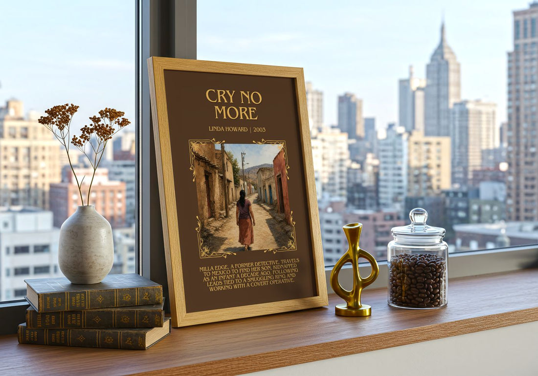 Cry No More Minimalist Book Poster by Linda Howard – framed print on a city-view windowsill