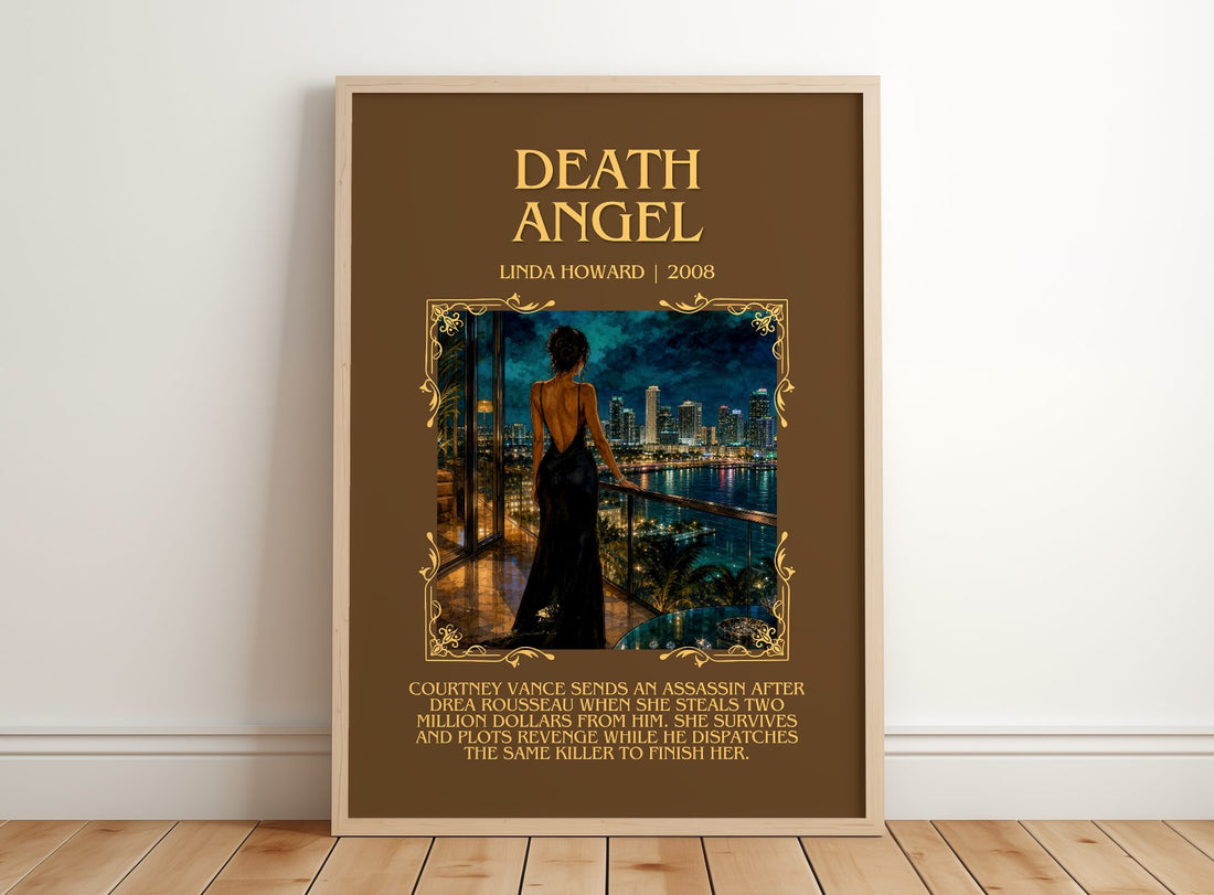 Death Angel Minimalist Book Poster by Linda Howard – framed print leaning on a wooden floor